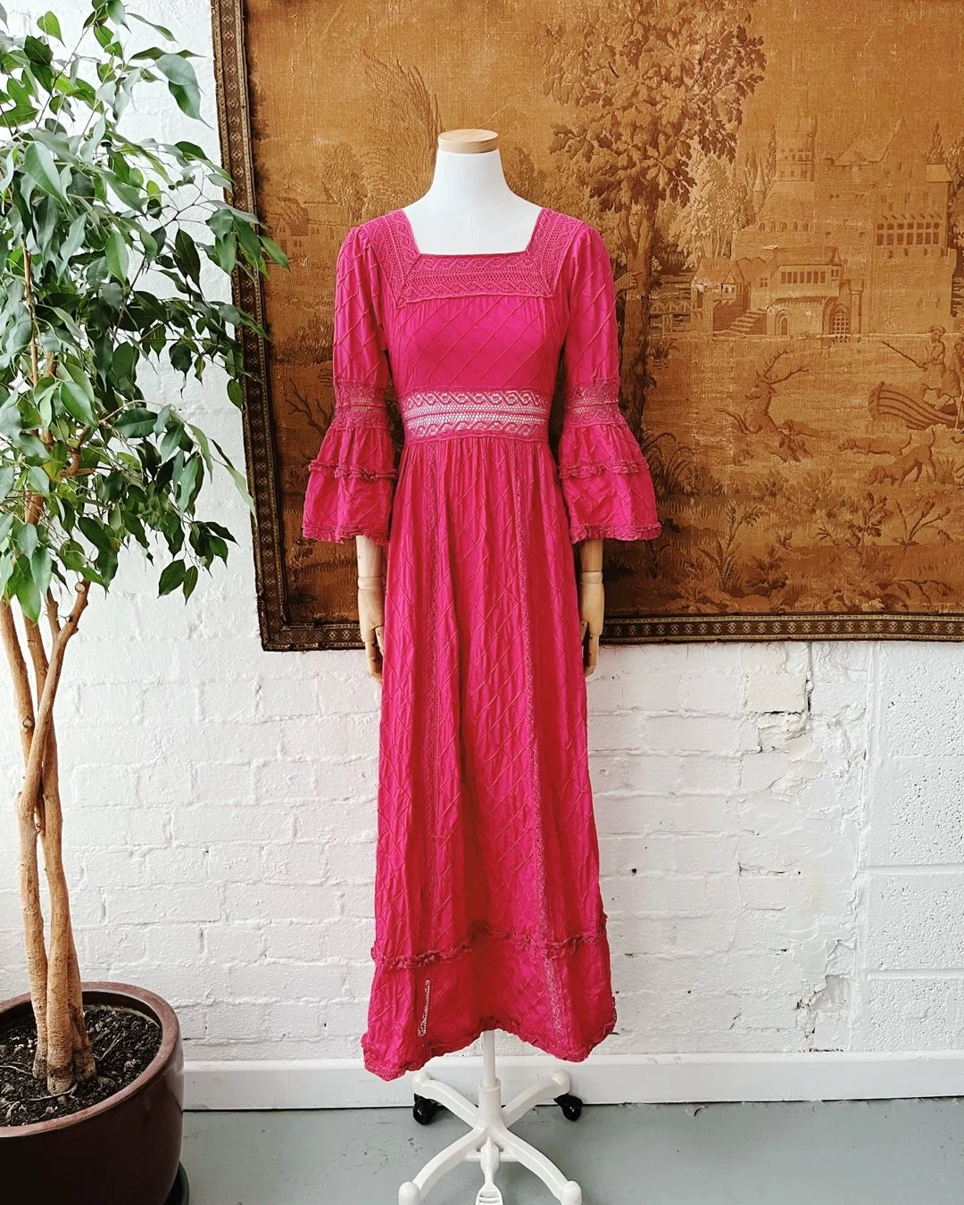 1970s Hot Pink Mexican Cotton Pintuck Flared Sleeve Maxi Dress 6 8   cordial vintage