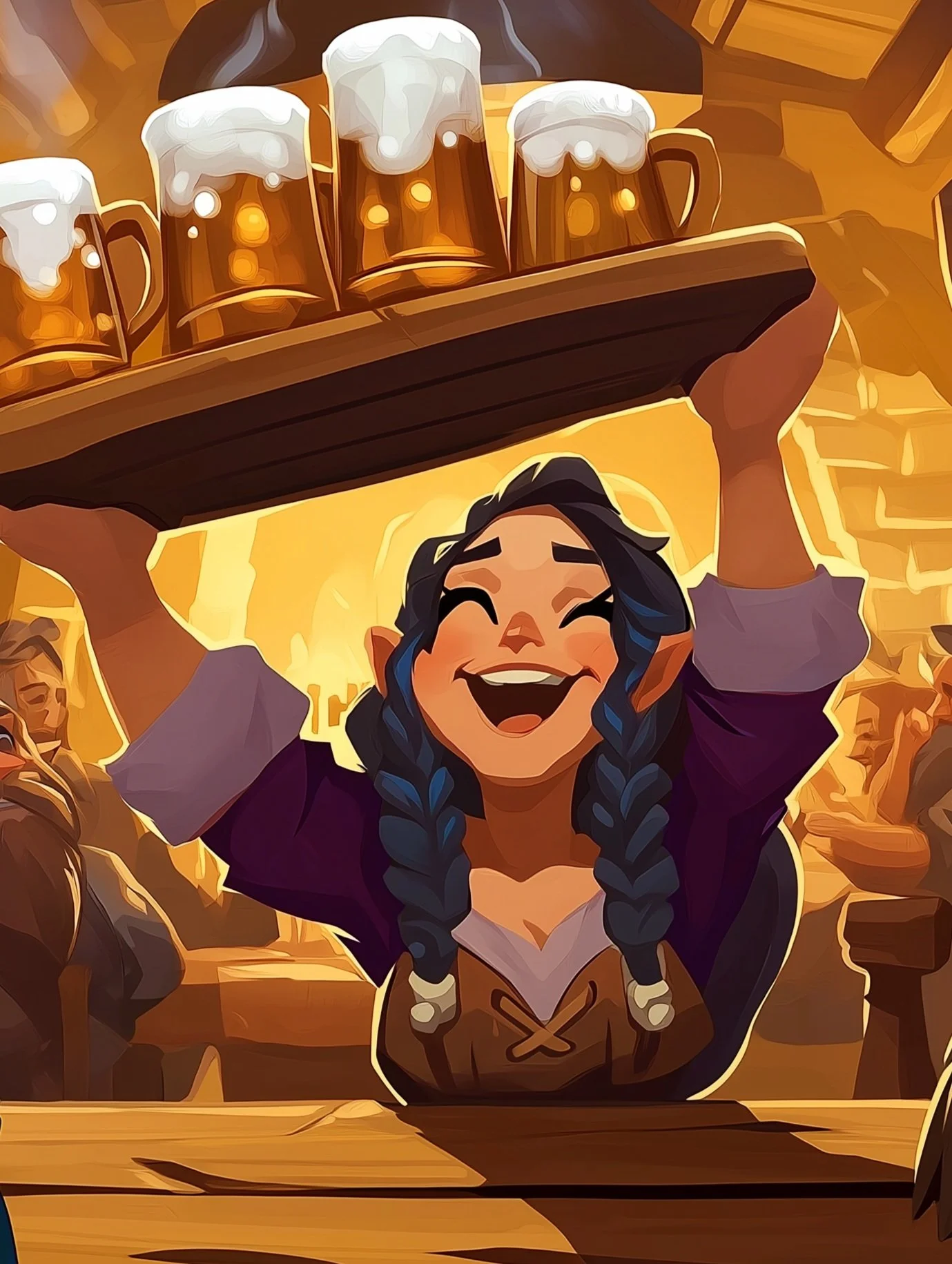 Cartoon-style drawing of a smiling woman wearing a medieval-style dress with blue braided hair, carrying a tray of beer mugs with foam on top in a lively, warm-lit tavern setting.