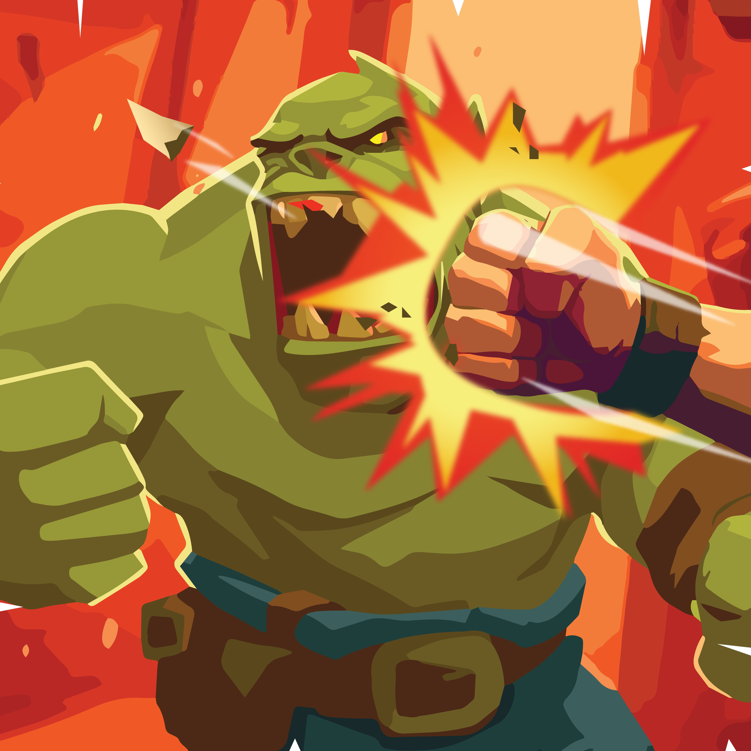 An animated depiction of the Hulk punching forward with an explosion of energy, set against a fiery background.