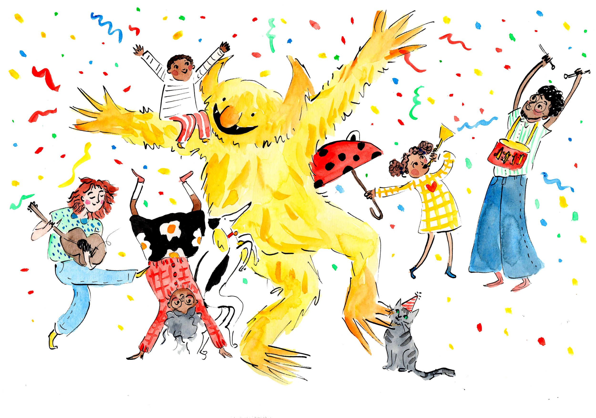 Ink drawing watercolour picture book spread with a friendly yellow monster dancing with friends