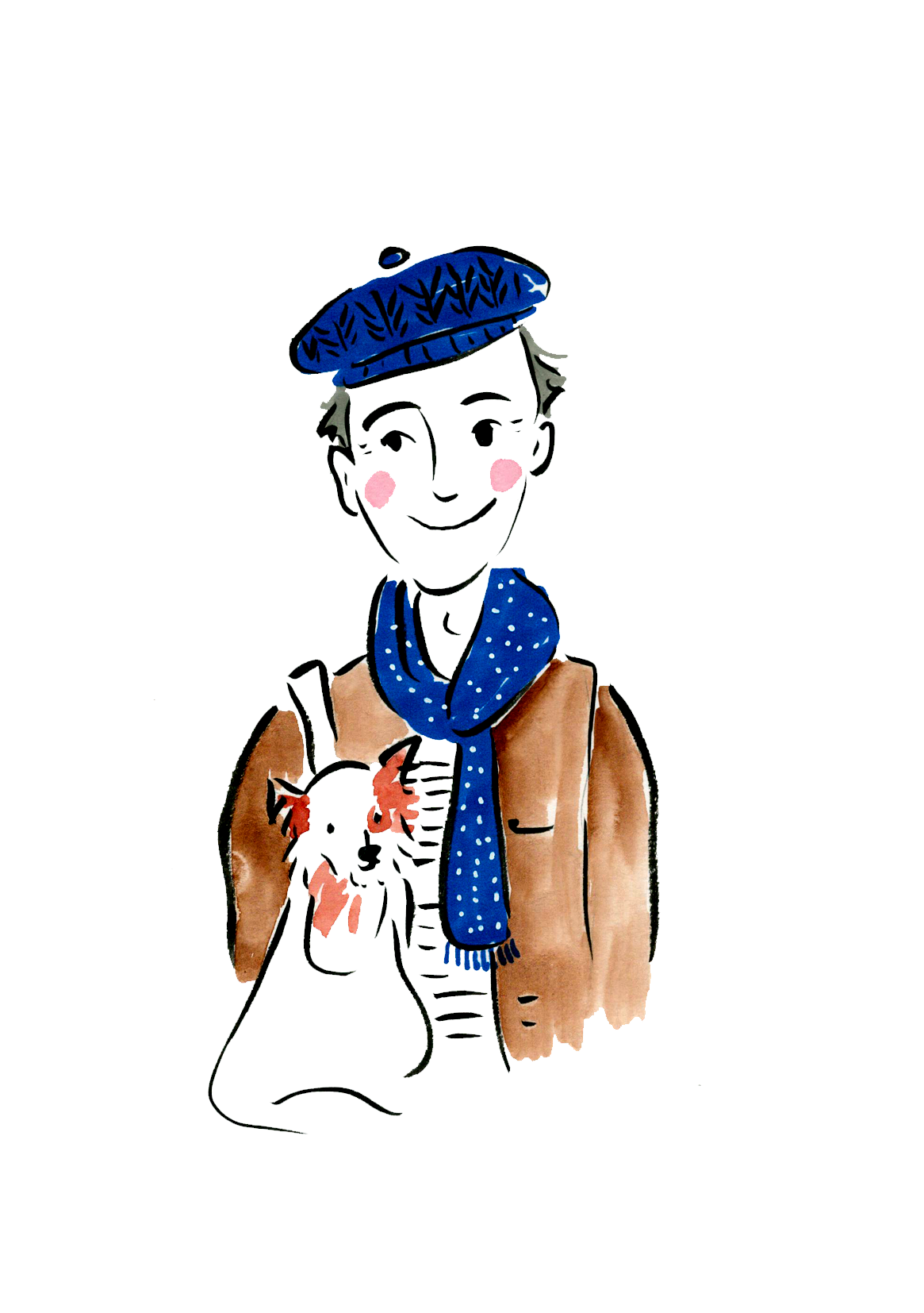 Ink drawing of a man wearing a beret with a dog