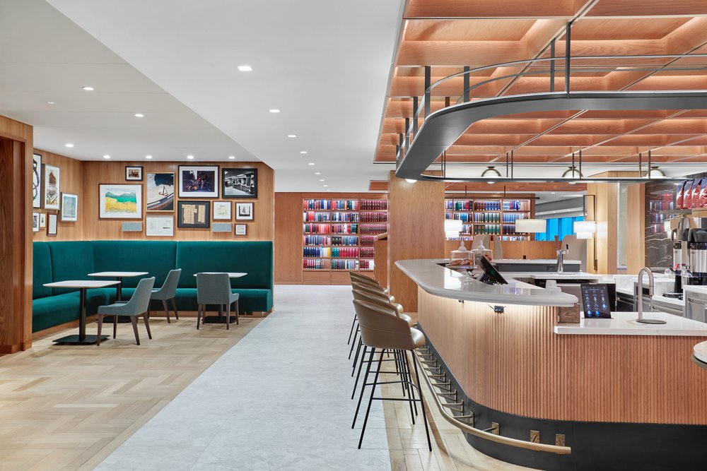 Shearman and Sterling’s employee cafeteria includes a full commercial kitchen, restaurant seating, barista bar, and library