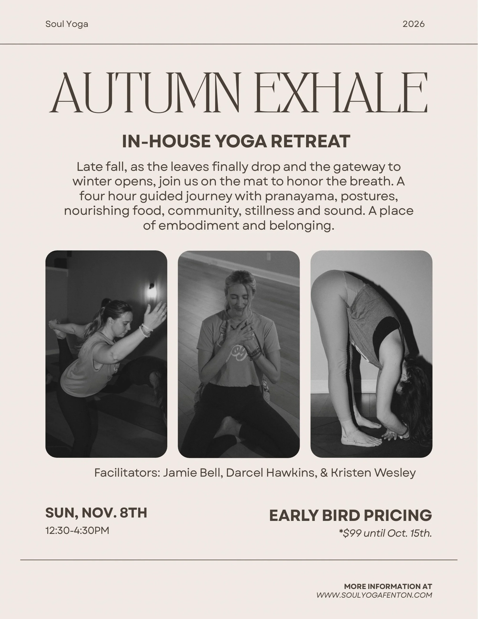 𝗔𝗨𝗧𝗨𝗠𝗡 𝗘𝗫𝗛𝗔𝗟𝗘: 𝗜𝗡-𝗛𝗢𝗨𝗦𝗘 𝗥𝗘𝗧𝗥𝗘𝗔𝗧 🍂

Sunday, Nov. 8th. 12:30-4:30pm.

4 hours of movement, breath work, journaling, meditation, community, nourishing food, sound healing and more 🫶🏼

&ldquo;Inhale. Exhale.&rdquo;

Those wor