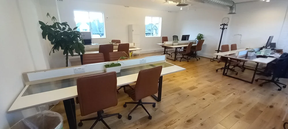 Coworking room at Bespoke Spaces Archway with desks, plants and large windows