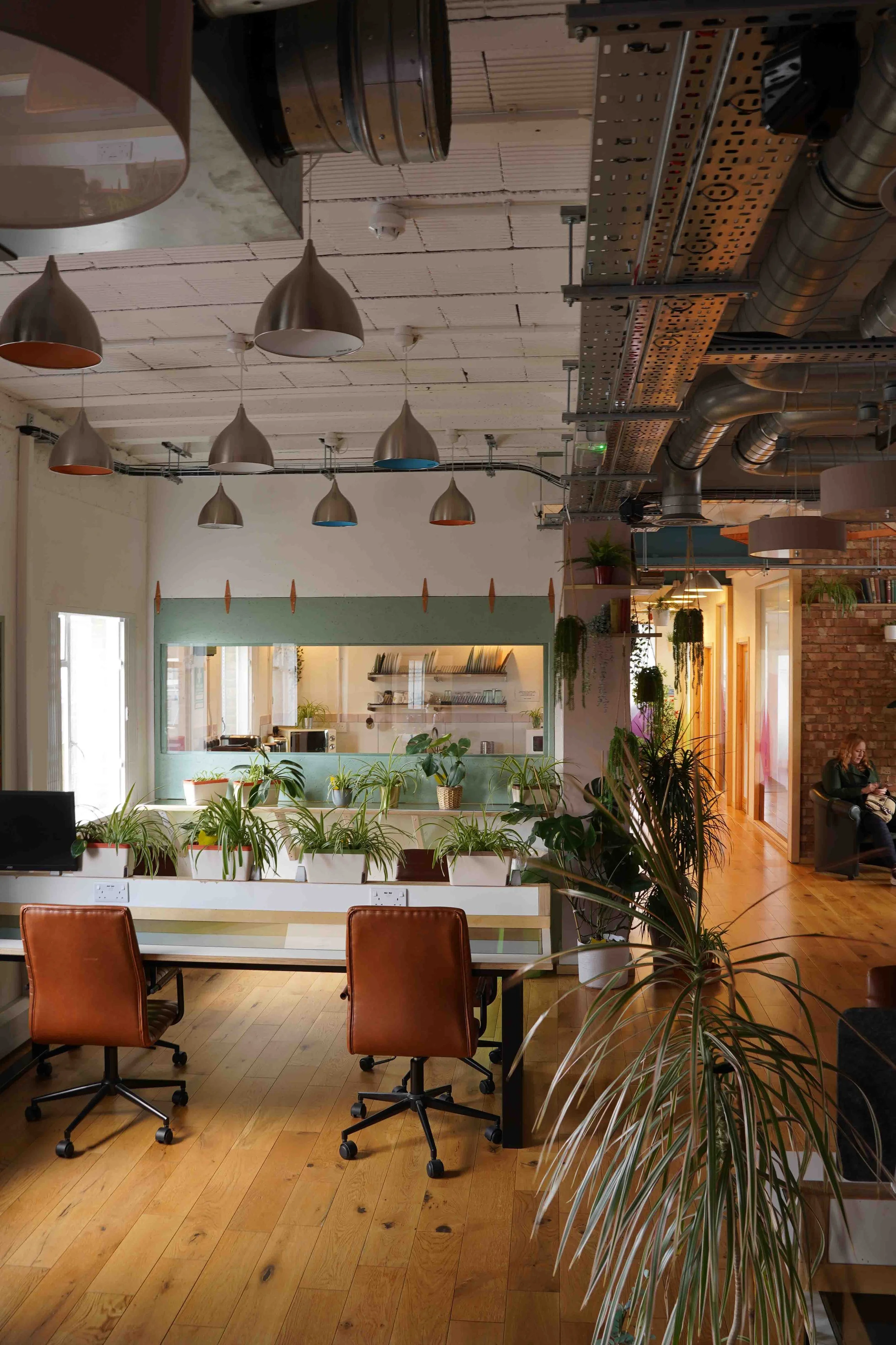 Desks, plants and pendant lights in the coworking space at Bespoke Spaces Archway, N19