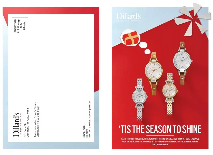 'Tis the Season to Shine: Nationally distributed Fossil Portfolio Brands mailer for Dillards department stores, Holiday 2015.