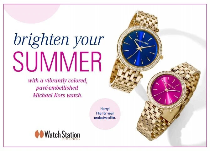 Watch Station Memorial Day 2016 Mailer: Memorial Day Michael Kors watches sale postcard mailer for Watch Station stores.