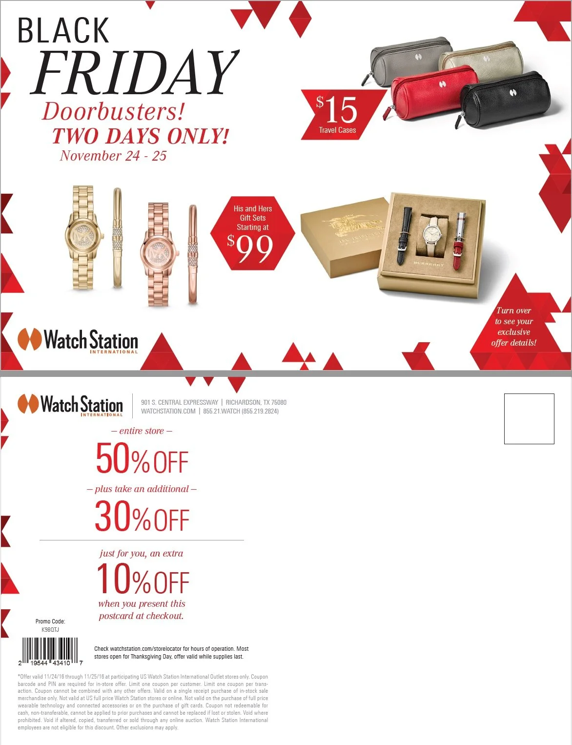 WatchStation - Holiday 2016 - Black Friday Direct Mailer Postcard: Nationally distributed direct mailer postcard for WatchStation stores and WatchStation.com for Black Friday 2016.