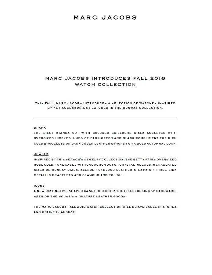 Marc Jacobs - Fall 2016 - Watches Press Release