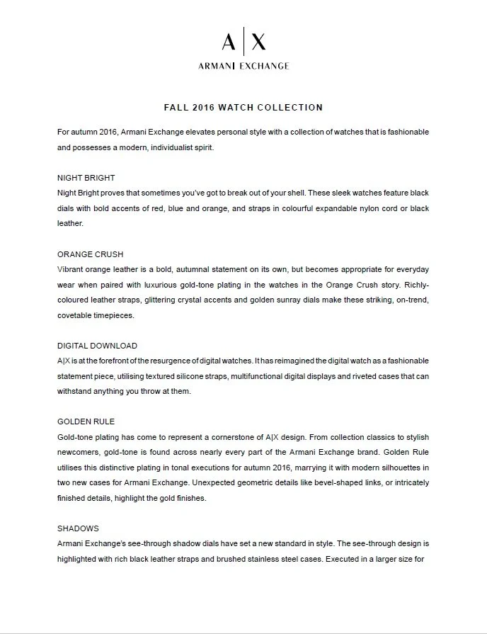 Armani Exchange Summer 2016 Watches Press Release