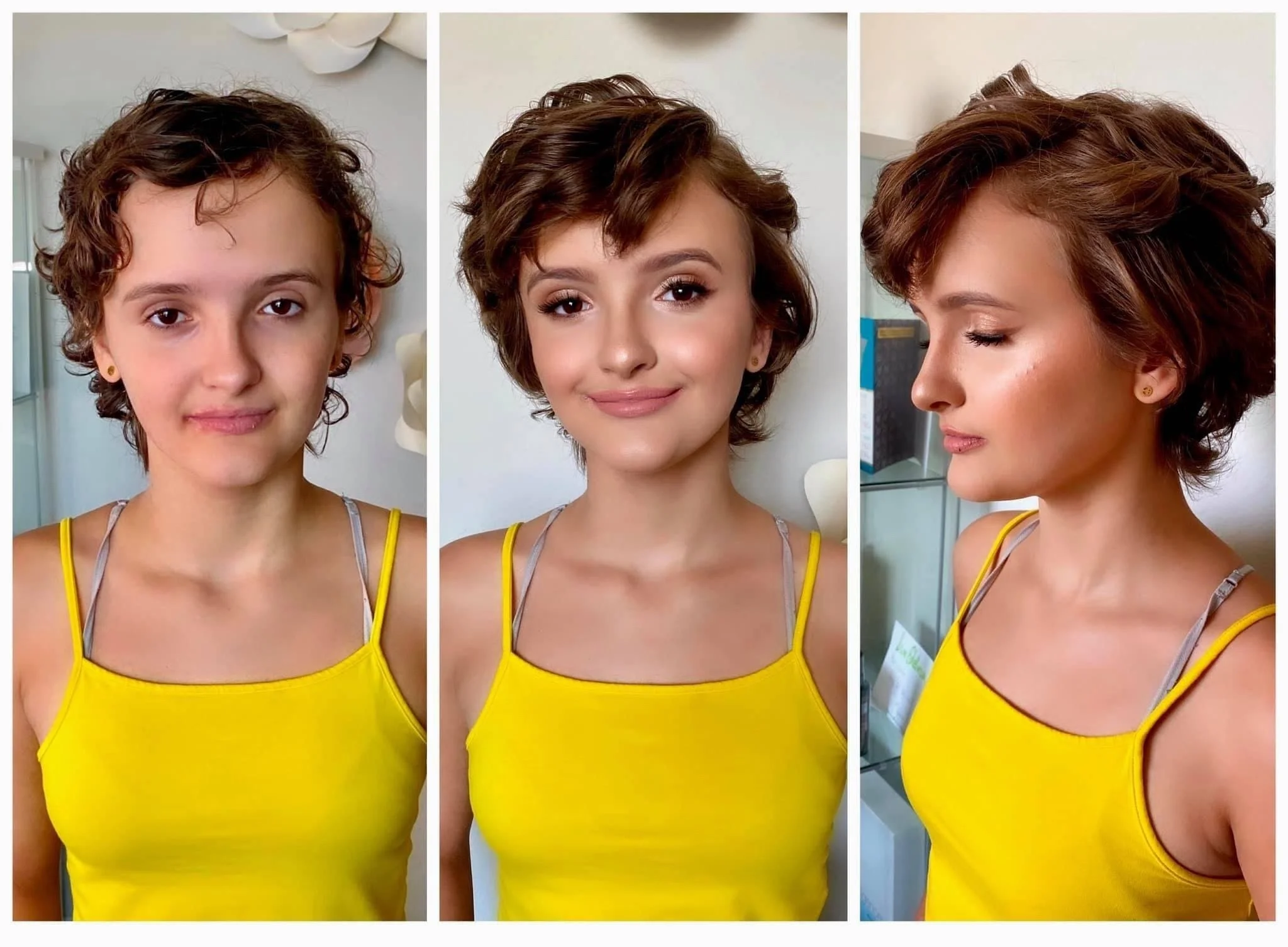 before and after makeup transformation yellow tank top