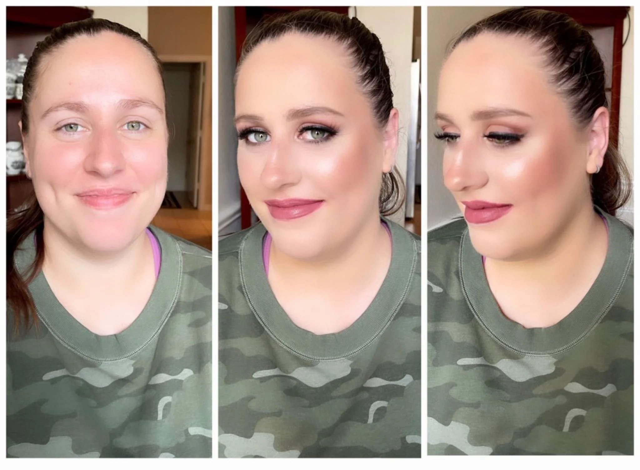 before and after makeup transformation camo t-shirt