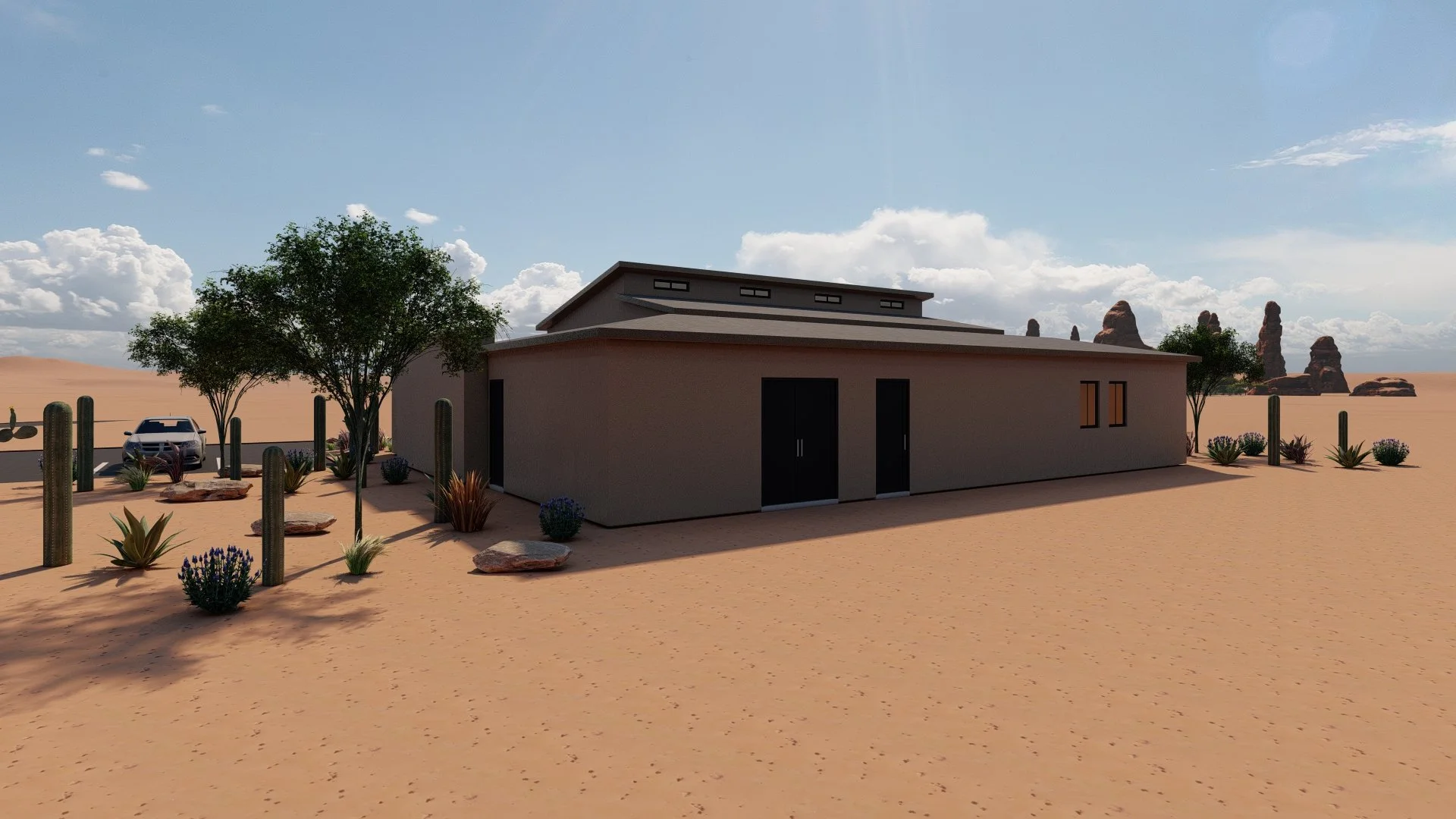 A desert landscape with a modern, minimalist house, sparse vegetation including cacti and desert plants, a parked car, and rock formations in the background under a partly cloudy sky.
