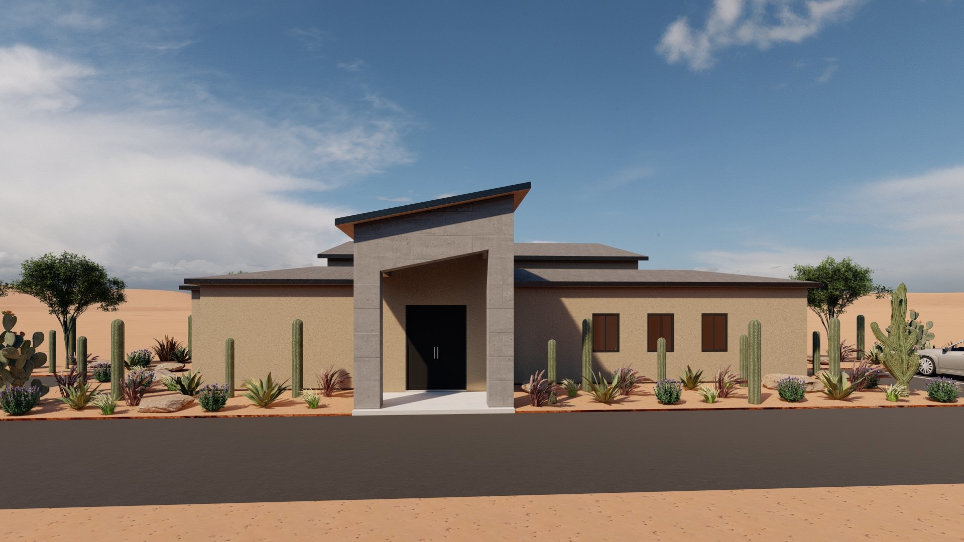Modern desert-style house with tall cacti and desert plants in the front yard, clear blue sky.