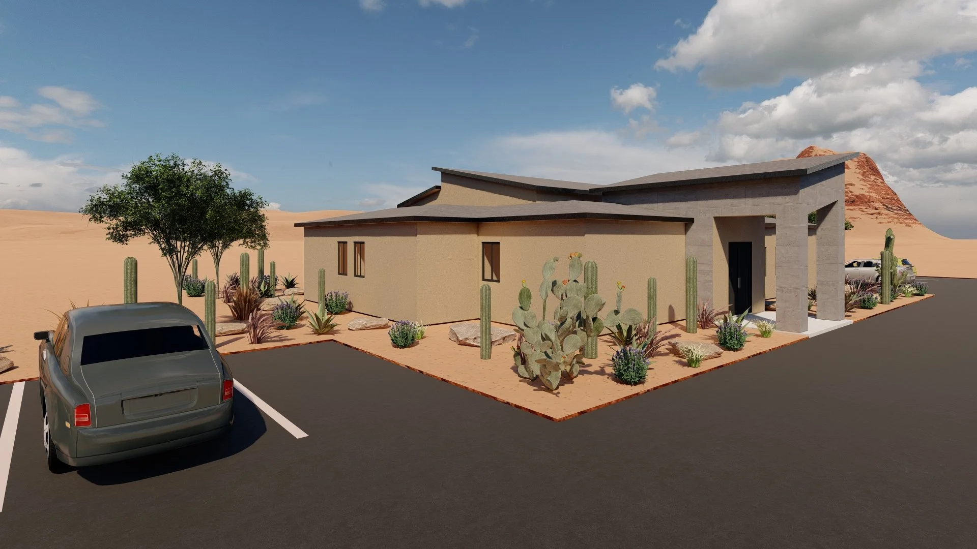 A modern desert-style house with a flat roof and concrete accents, surrounded by desert landscaping including cacti, succulents, and rocks, with a parking lot and two cars in the foreground, set against a backdrop of hills and a partly cloudy sky.