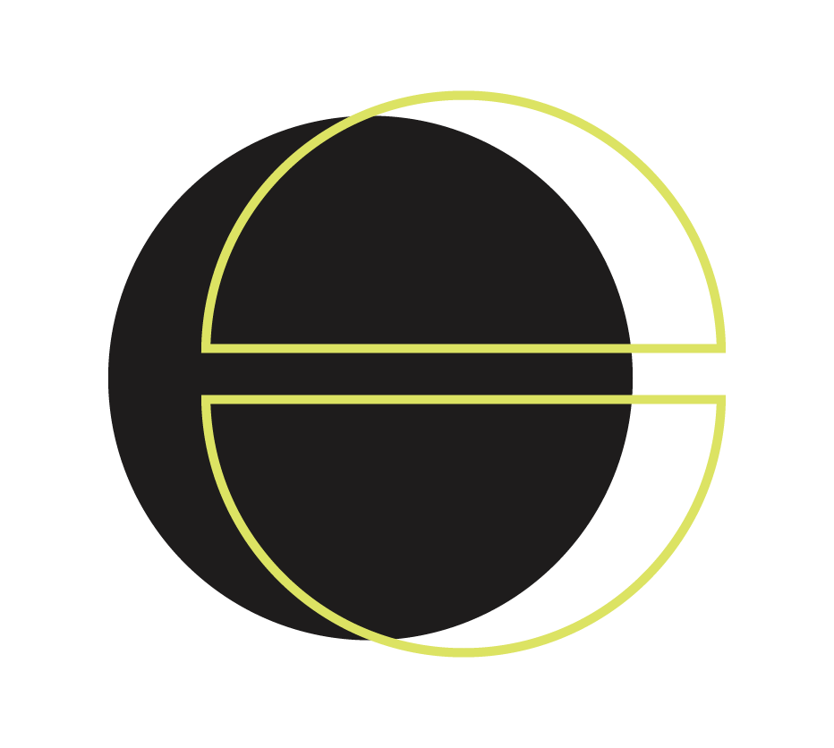 A dark circle with a yellow outline divided into four sections by yellow lines, resembling a pie chart.