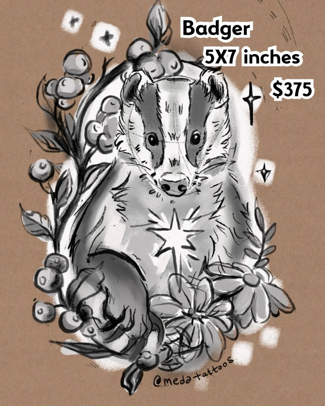 Looking to do this lovely Badger, he&rsquo;d fit great on a thigh or shoulder/forearm 🦡❤️
Message me directly to book this lil guy, available in color as well 🫶🏼

#neotraditional #floraltatttoo #badger