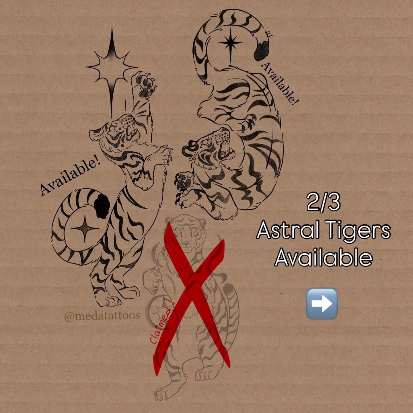 2/3 Astral Tigers still available 
Medatattoos.com to book ! 🐅💫 
(Book before March 21st to get 10% off👀)