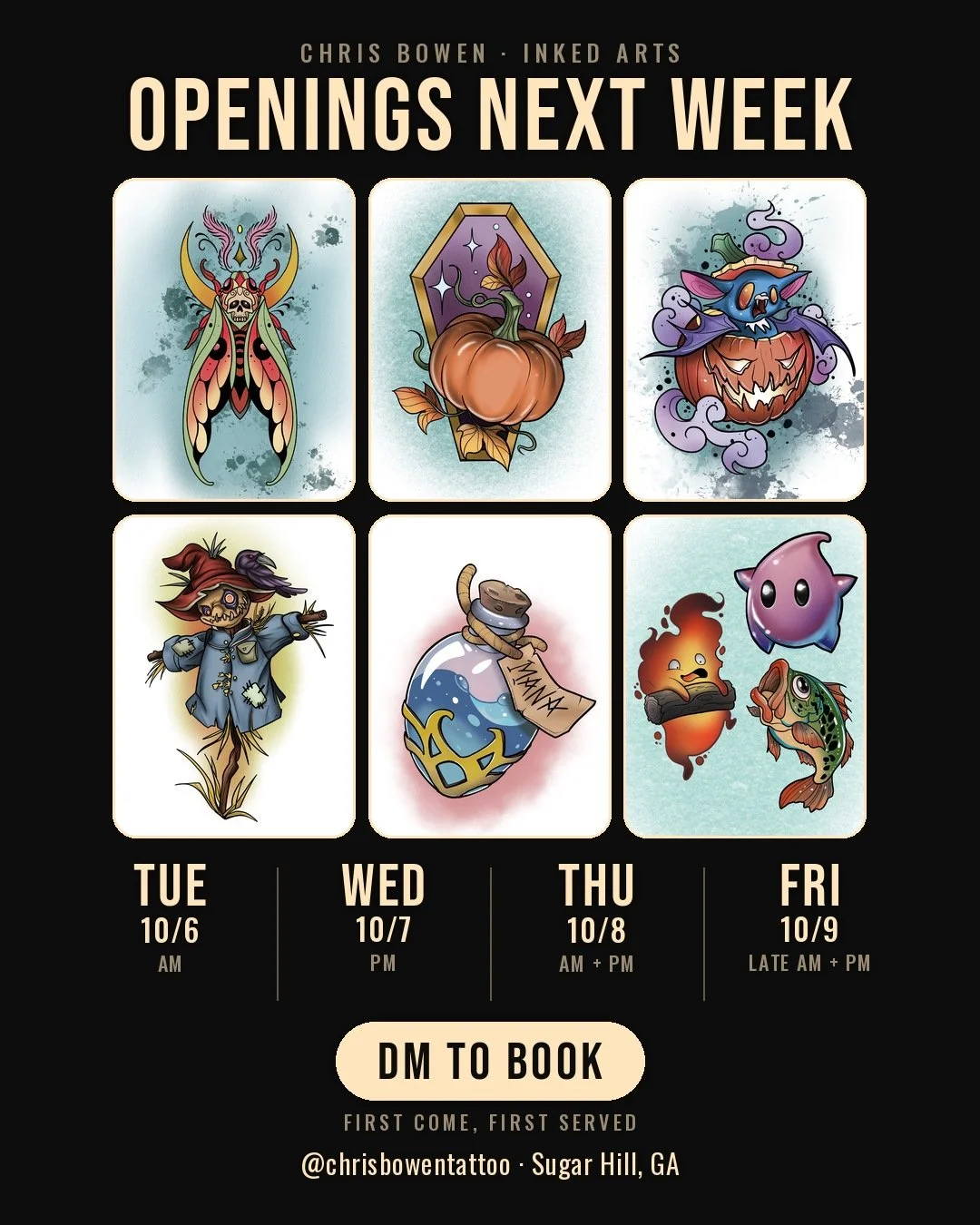 OPENINGS NEXT WEEK 🗓️
Got a few spots open: Tue 10/6 (AM) &middot; Wed 10/7 (PM) &middot; Thu 10/8 &middot; Fri 10/9
Swipe to see the designs 👉 these designs are available to book on any of those days.
DM me to grab one. First come, first served.

