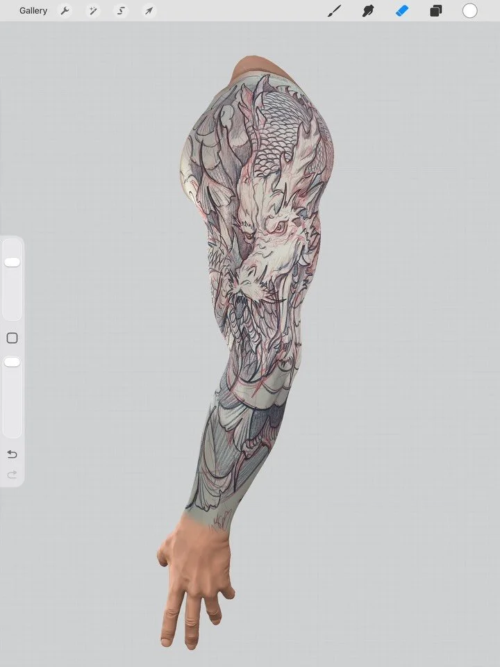 > One of a kind dragon sleeve, drawn completely by hand last month 🐉 This would be a really fun project, and I&rsquo;d tattoo it using a new technique I&rsquo;ve learned. Whoever gets it also takes home the original drawing.
>
> Now booking