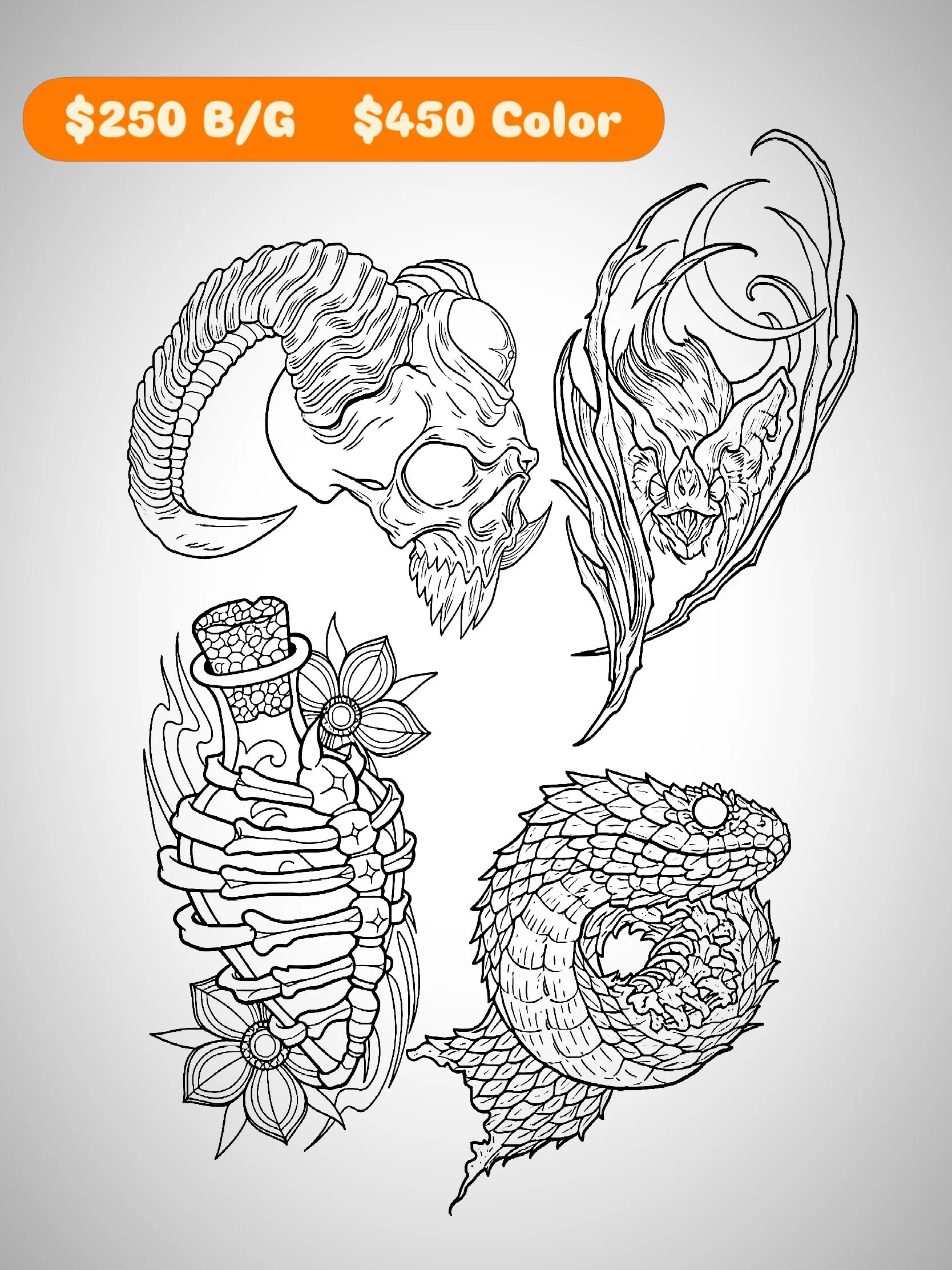 Its officially spooky season and I drew up some super fun designs. If you are interested in any of these designs just call @inkedarts or DM me for booking details. Thanks for lookin!!! #fyp #tattoo #tattoos #tattooidea #tattooartists