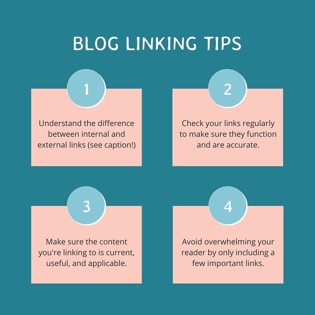 Blog Linking Tips ✨ Every quarter, I do a blog link check for all of my blog clients.

Doing your own checks? Here&rsquo;s what to keep in mind:

✨ Links are an important component of any blog post. They help to elaborate on a point and can help show