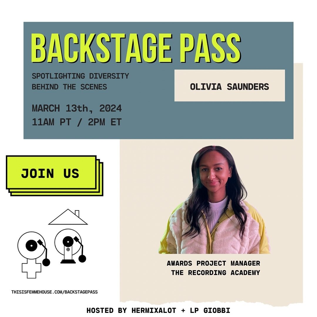 With awards season well underway, what a perfect time to sit down with @olivia_saunders of @recordingacademy. 

Join us this Wednesday at 11 am PT / 2 pm ET for a midweek treat as @hermixalot and @lpgiobbi chat with Olivia for our Backstage Pass seri