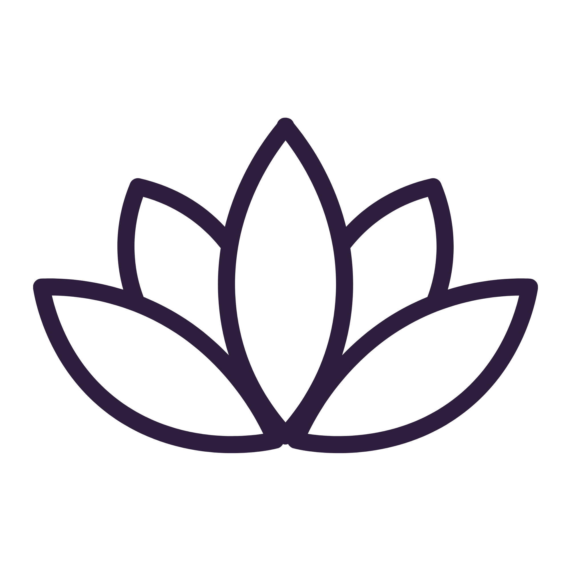 Illustration of a stylized lotus flower in purple outline on black background.