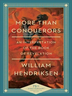 Book cover titled 'More Than Conquerors: An Interpretation of the Book of Revelation' by William Hendriksen, commemorating its 75th anniversary, featuring a painting of a woman with dark hair in a dynamic pose against a fiery background.