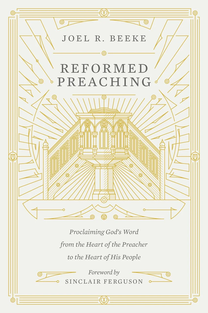 The book cover of "Reformed Preaching" by Joel R. Beeke features a gold and white design with a depiction of a pulpit and rays of light radiating from it, with decorative borders and small heart motifs.