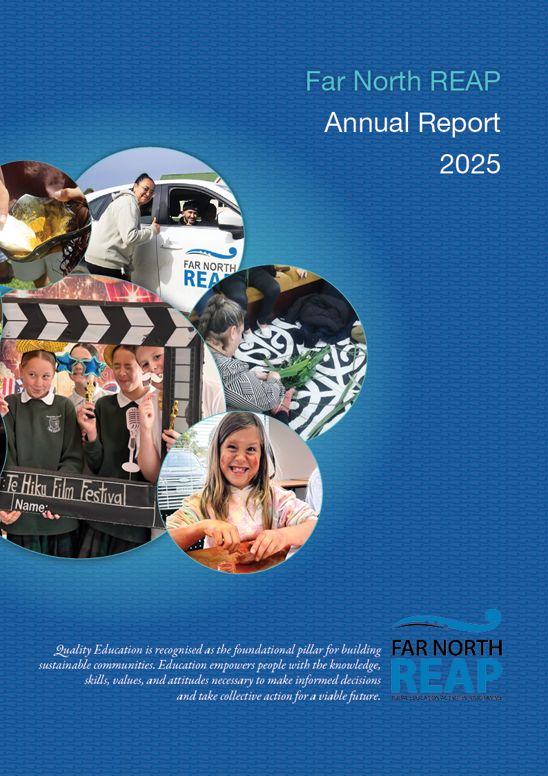 Cover of Far North REAP 2025 Annual Report featuring photos of children and community activities, with blue background and text about education and community empowerment.