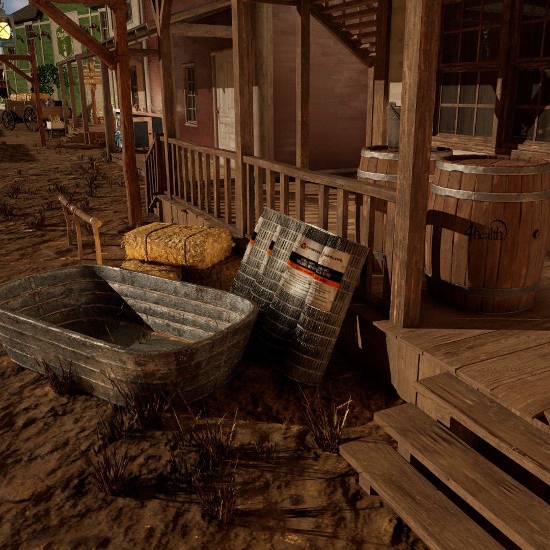 A rustic porch area with wooden stairs, barrels, an old metal boat, hay bale, and outdoor decorations, suggestive of an Old West or Western town setting.