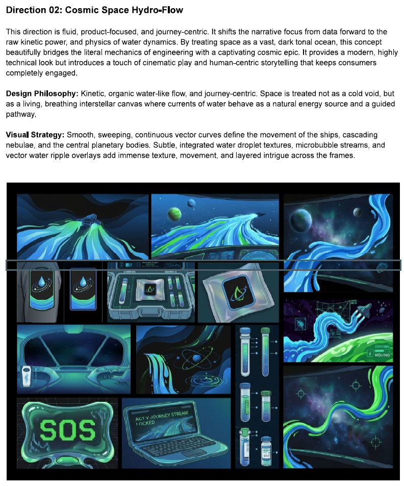 Illustration of a spacecraft cockpit with futuristic displays and controls, viewing a cosmic, water-like space environment featuring planets, nebulae, and flowing water streams.