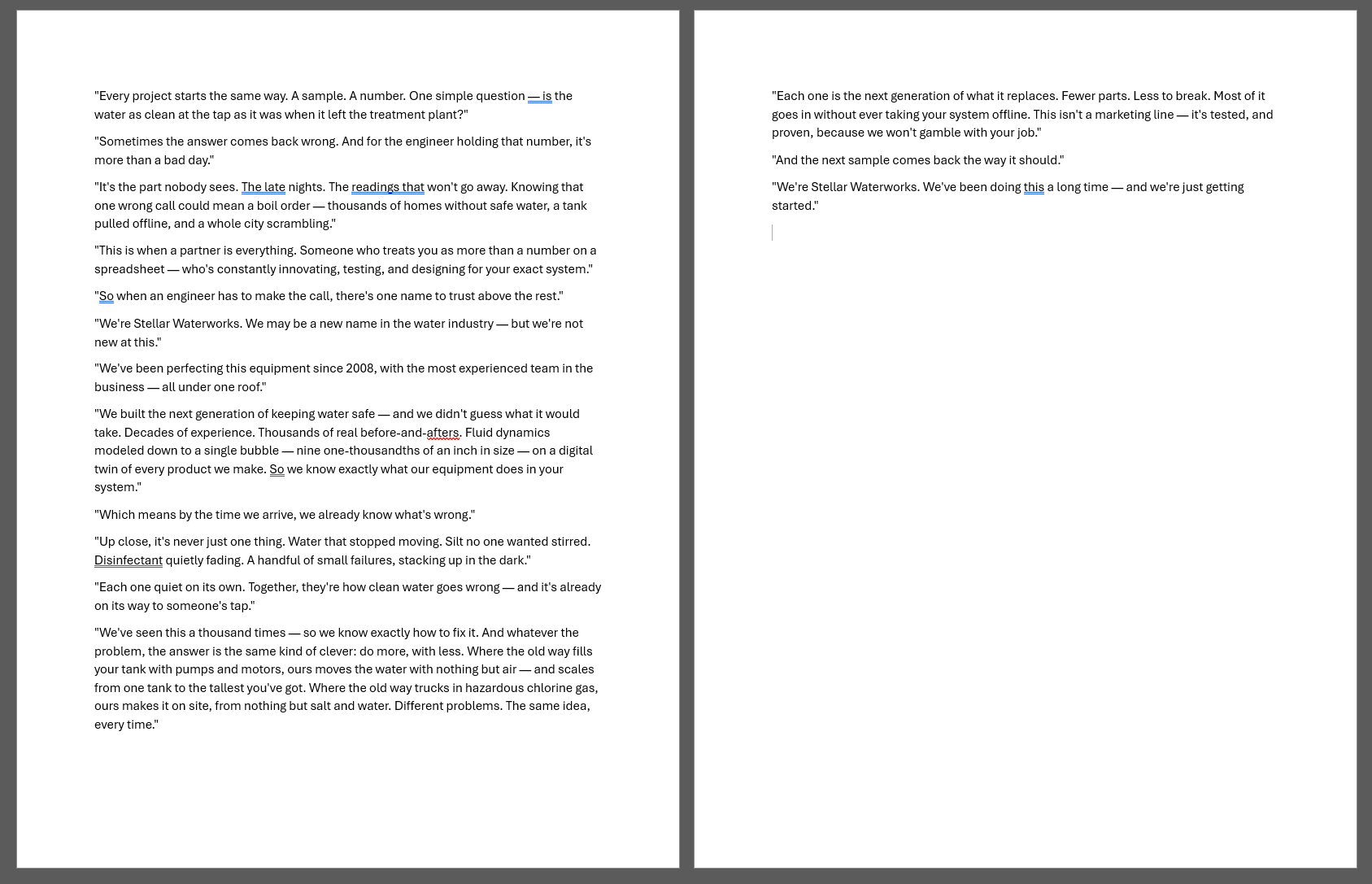 Text discussing project processes, water treatment, engineering challenges, and equipment maintenance. The text is split into two columns.