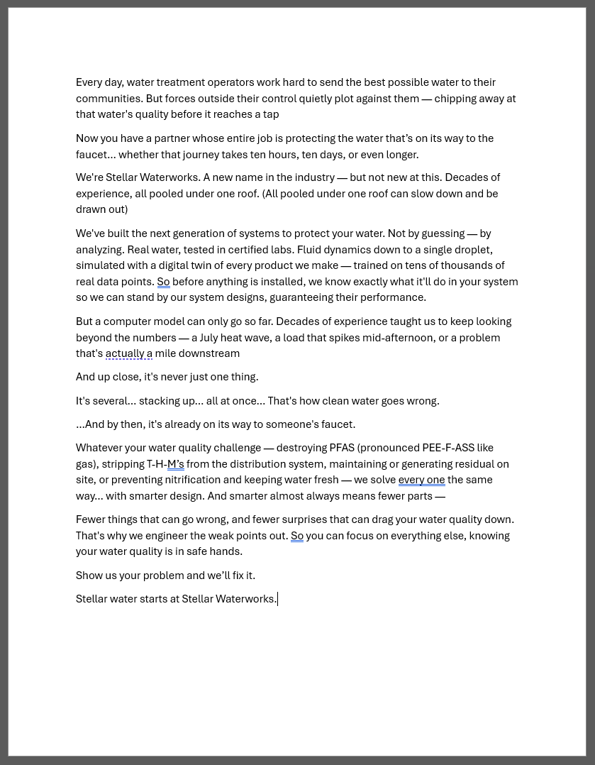 Text document discussing water treatment, filtration systems, and the importance of system design and diagnostics in water quality maintenance.