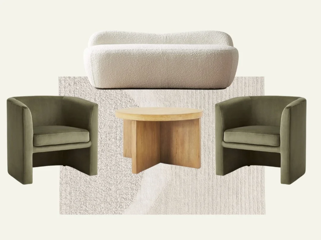 Modern living room furniture set with a white couch, two green armchairs, a wooden coffee table, and a textured beige rug.