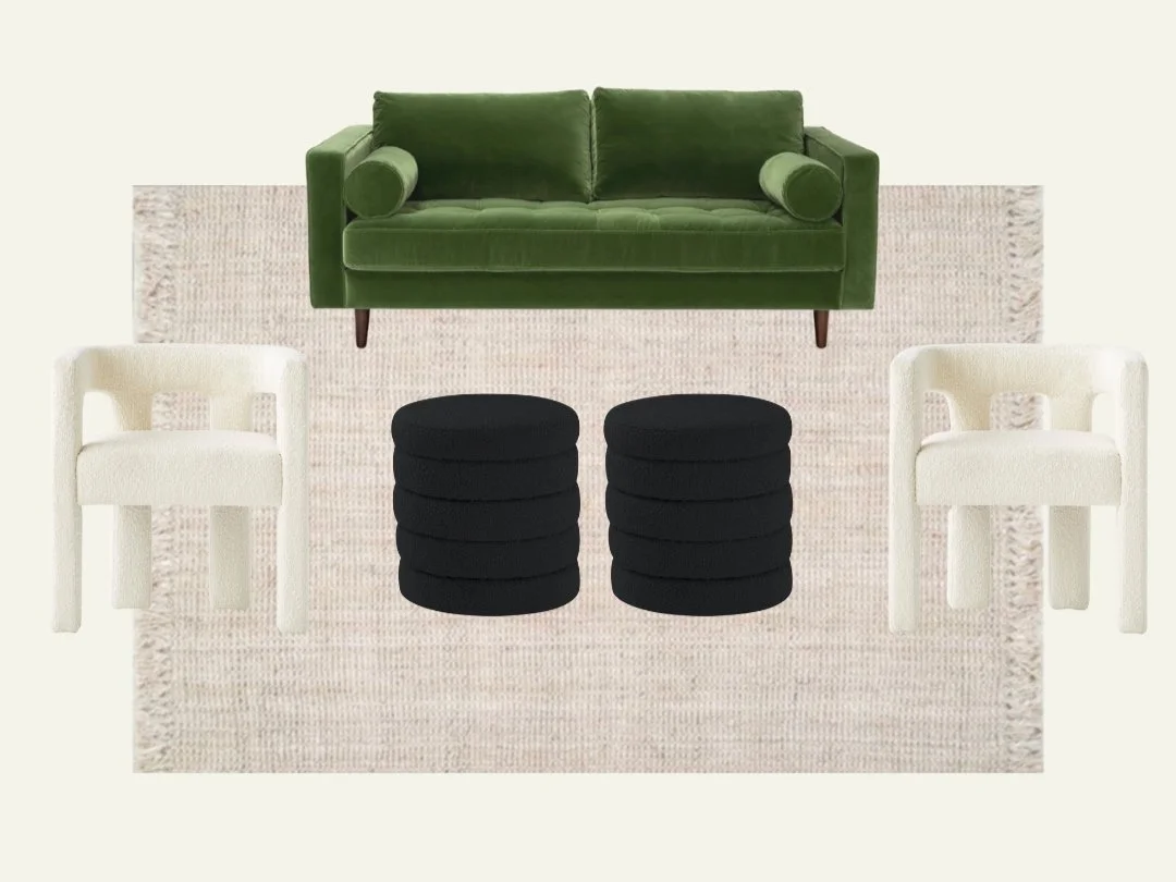 Interior design concept with green sofa, white chairs, black stools, beige rug