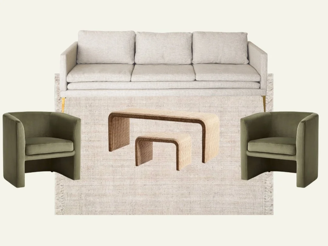 Living room setup with a light gray sofa, two green armchairs, nested wooden coffee tables, and a beige rug on a light background.