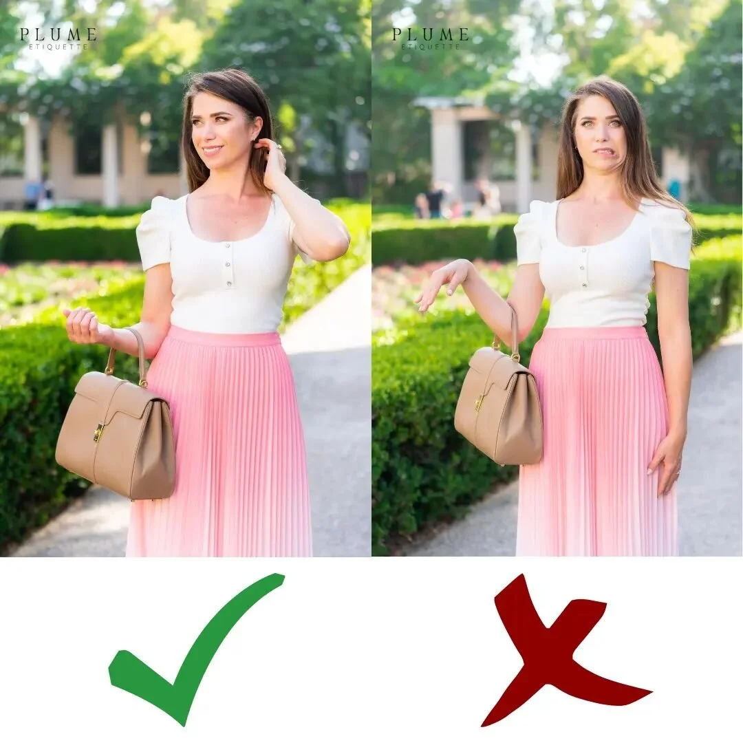 When carrying a top handle bag, please remember:
✅ Arm parallel to the ground
✅ Closed palm facing *up*
If your arm faces down and your bag falls into the crook of your elbow...Yikes! 😳

#modernetiquette #etiquettecoach #etiquettetips
