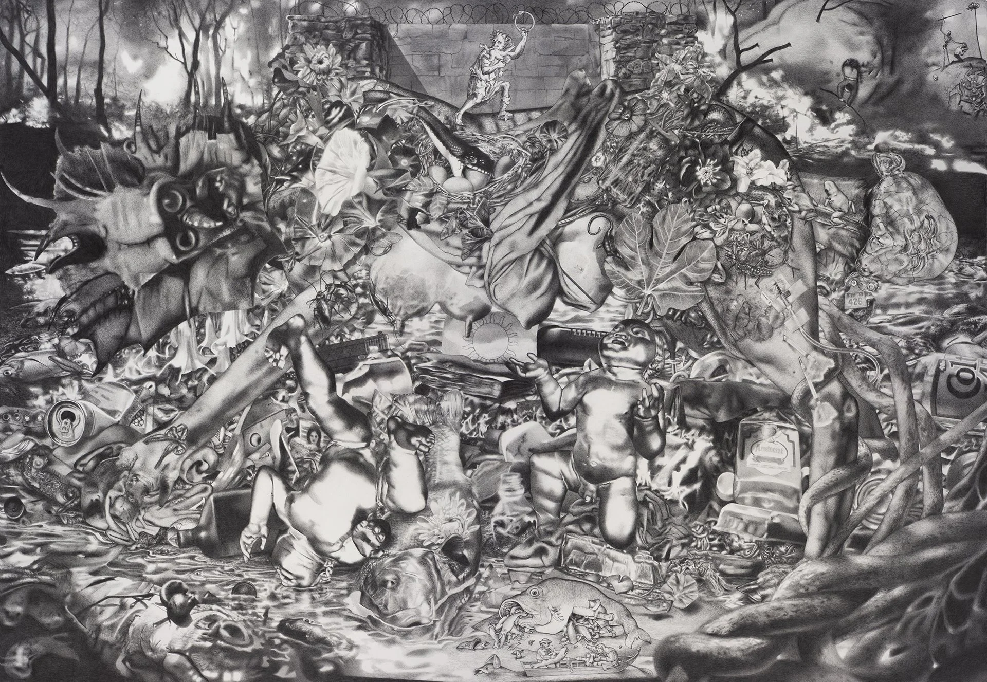 Romulus, Remus, and Franz 2022 graphite on paper  45"x 57"