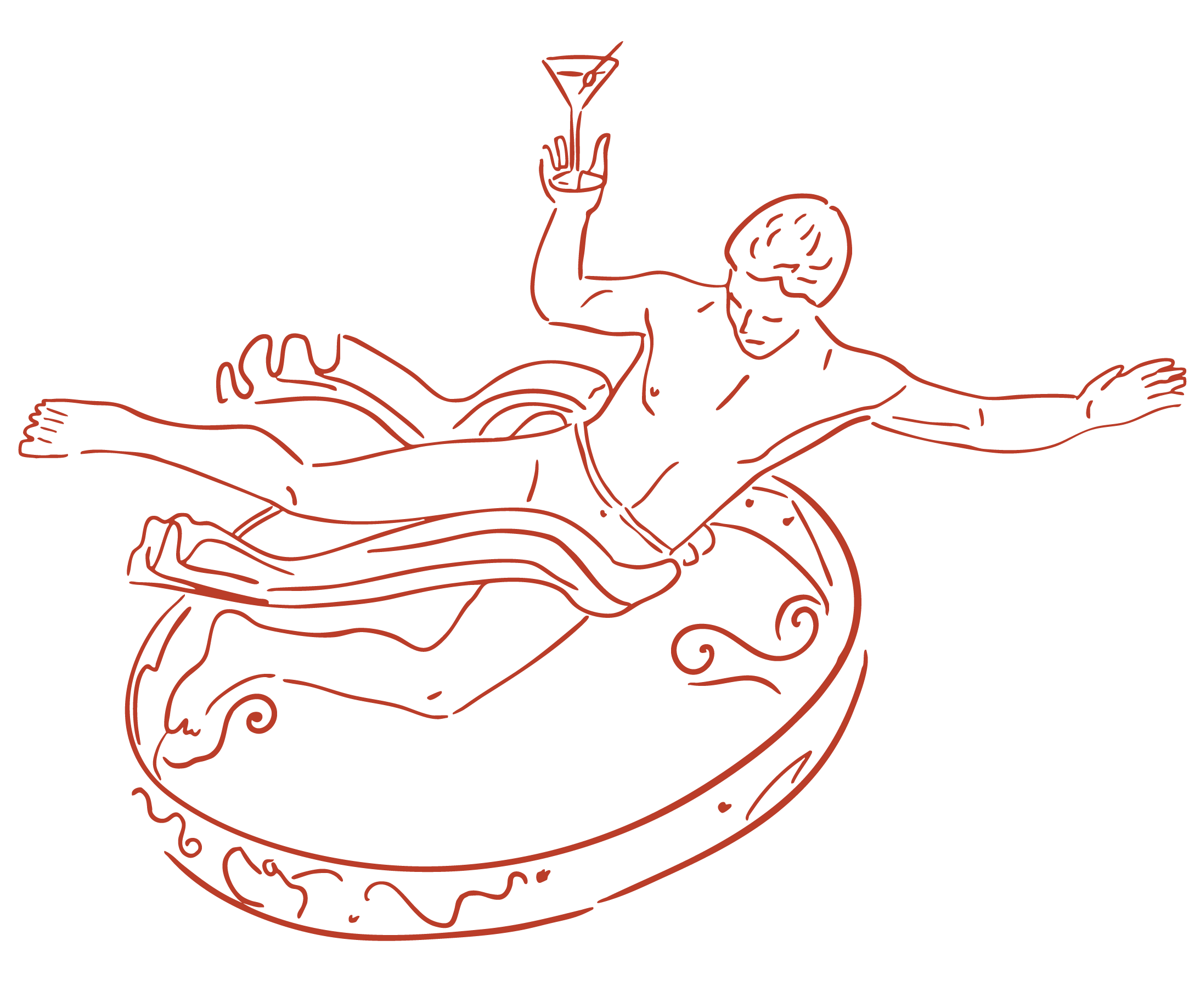 A line drawing of the Rockefeller Center statue lying on their side in a vintage-style bathing suit, with their left arm extended and holding a martini glass, on a decorative stand.