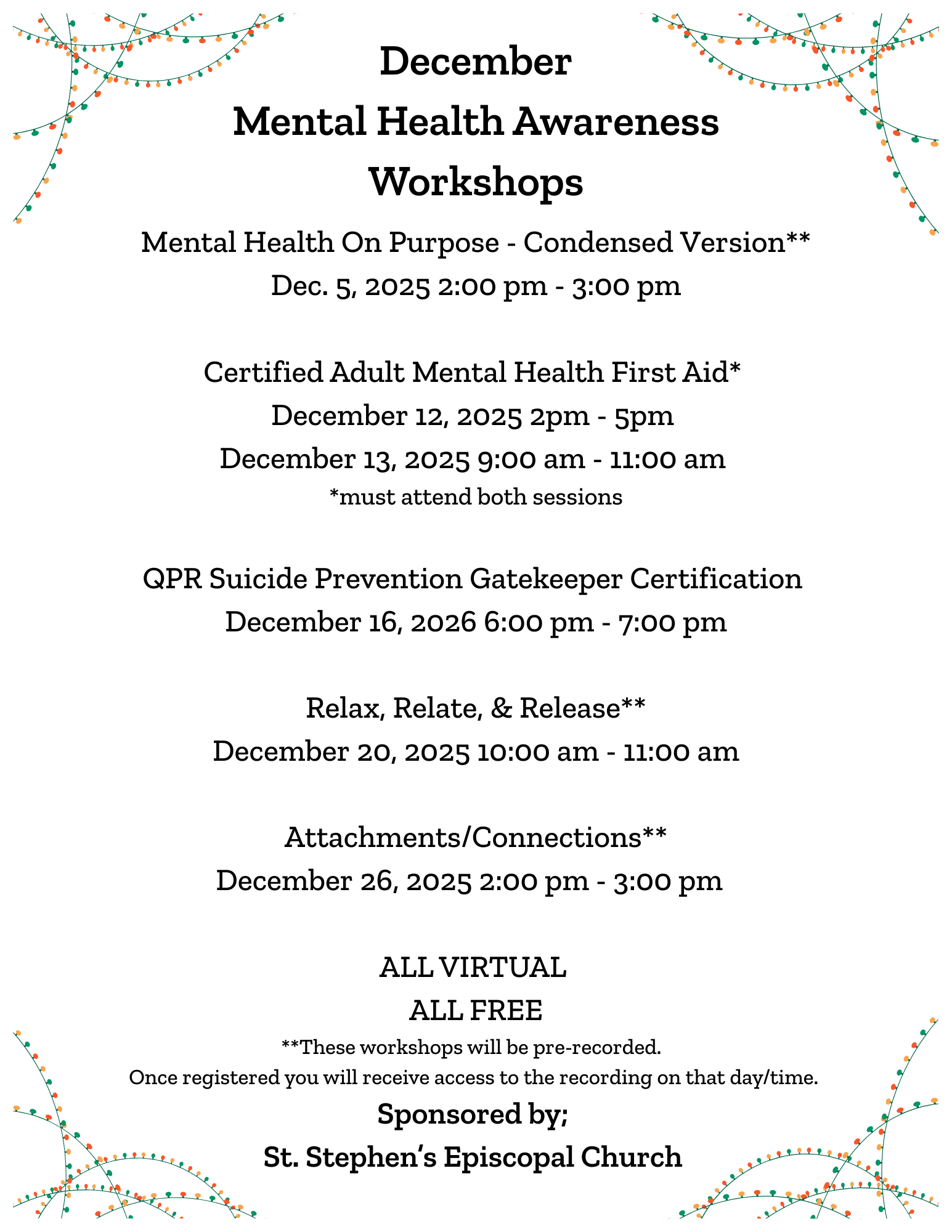 list of workshops for December