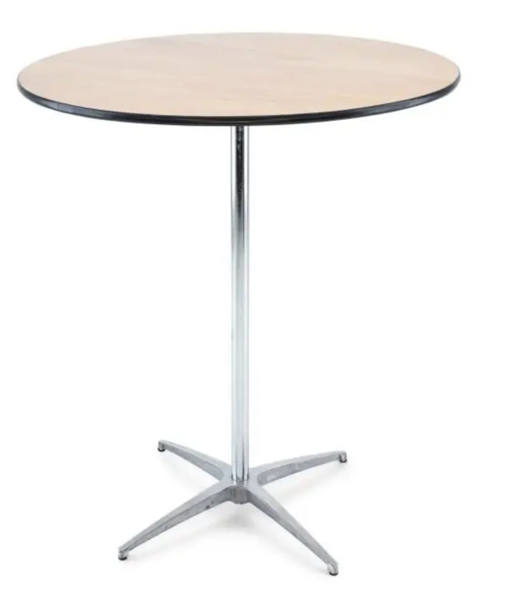 A tall round table with a light-colored wooden top and a metal pedestal base with four legs.