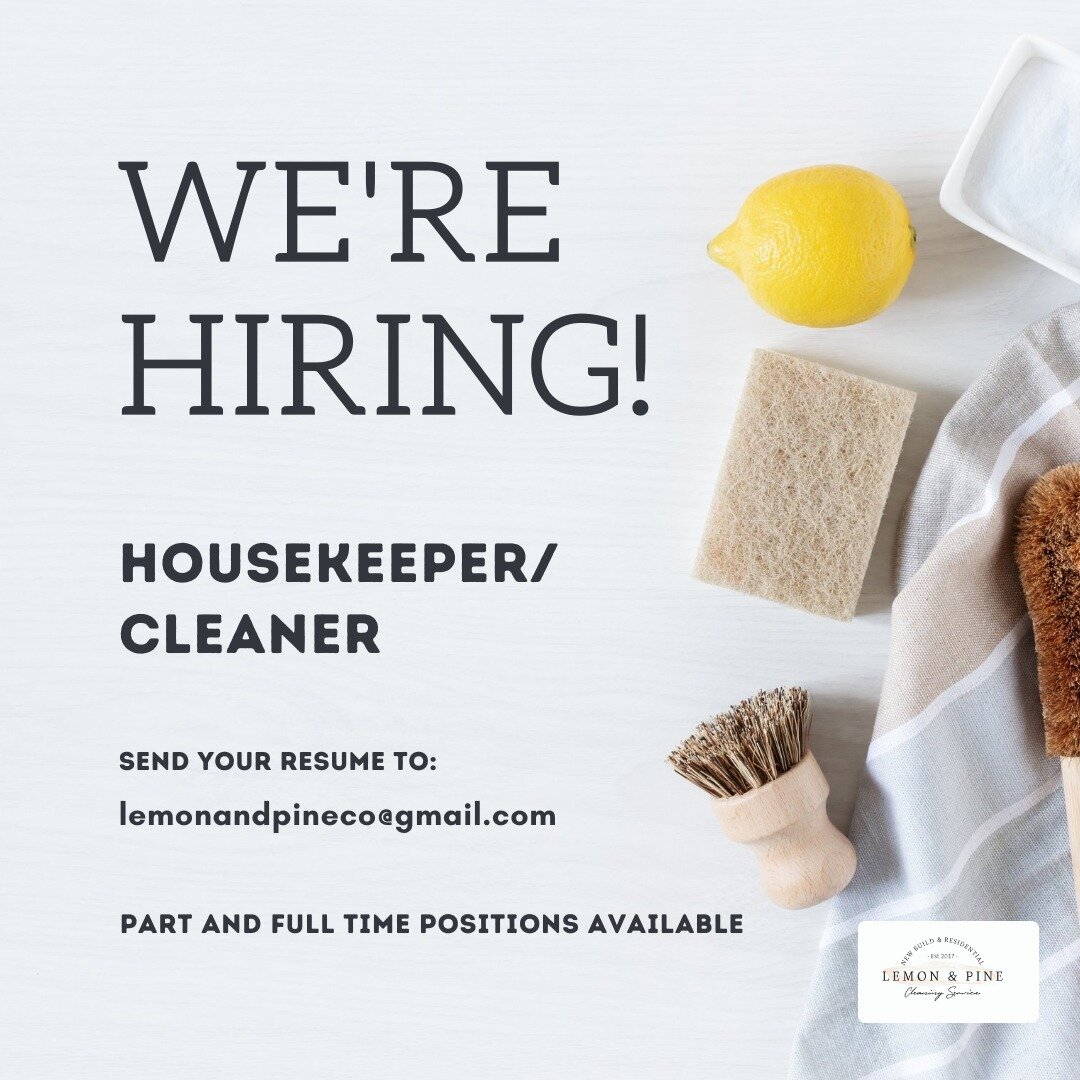 Lemon and Pine is hiring part and full time cleaners to start immediately 🍋⁠
⁠
Looking for a job that can provide flexibility in your life? Enjoy cleaning and take pride in your work? If so, we want to hear from YOU! ⁠
⁠
We are looking for self-moti