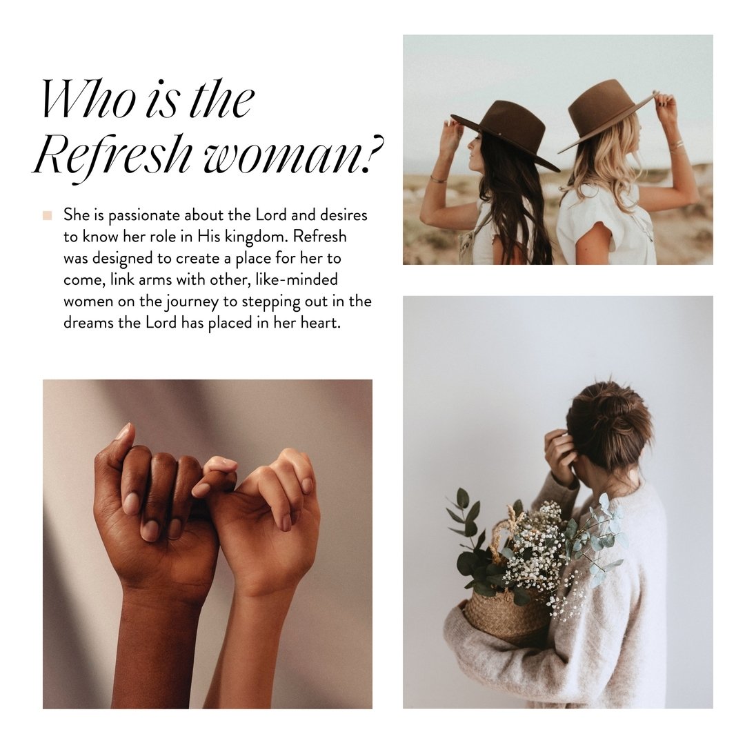 Did you know that YOU are the Refresh women?🌿🖤

The Refresh Woman is:
🌿 Passionate about the Lord
🌿 Desires to know her role in the Kingdom

We want to encourage you to walk in confidence with the Lord! Whether it is through our annual Refresh ev