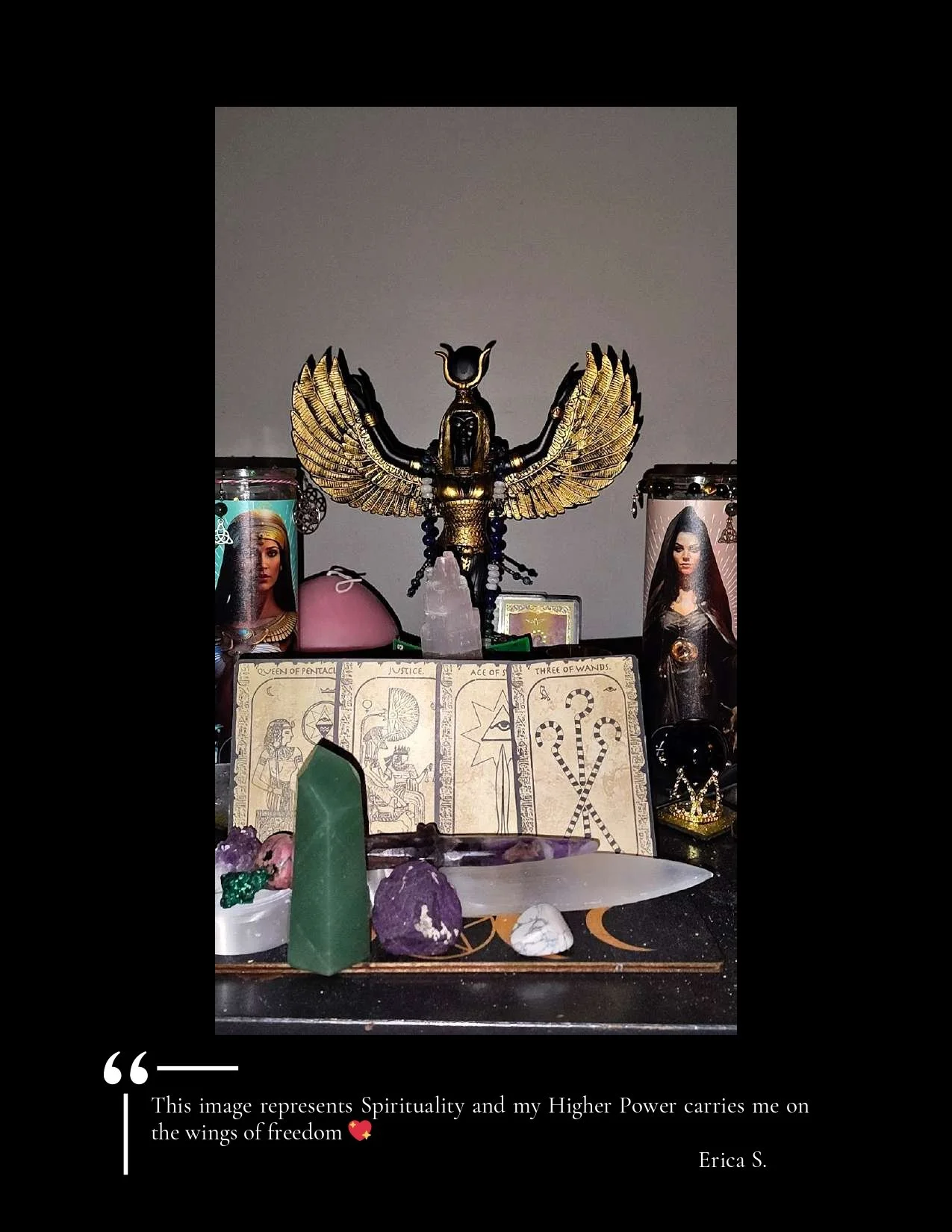Spiritual altar with various crystals, tarot cards, and religious artifacts, including an Egyptian-inspired winged scarab figure, flanked by two images of women, with a candle and decorative items underneath.