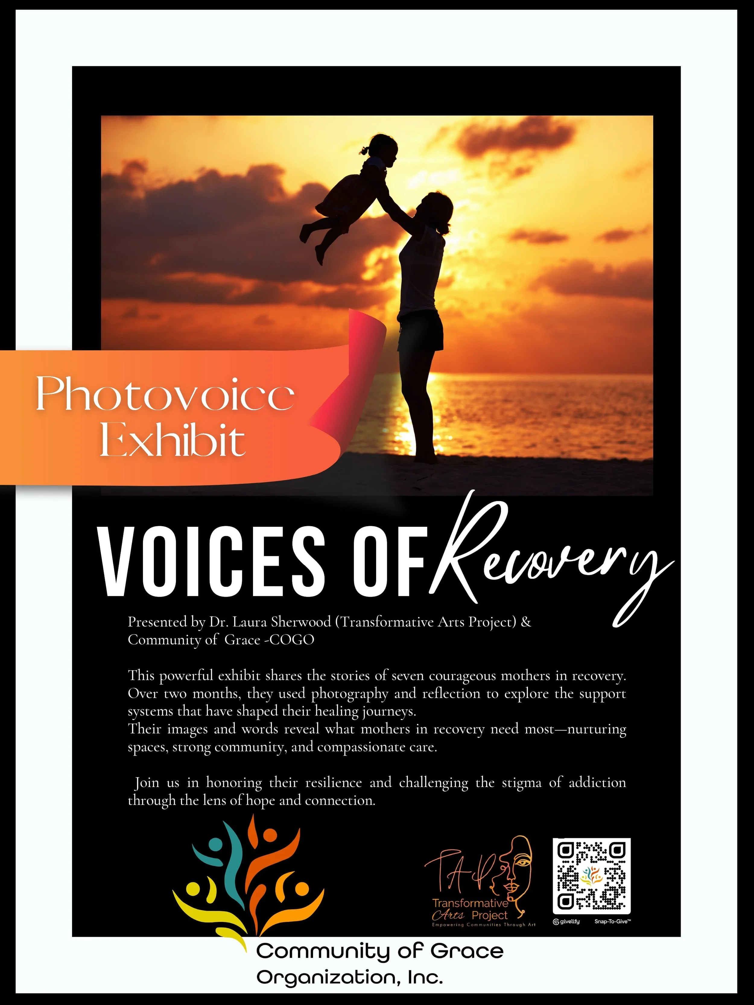 Poster advertising the 'Voices of Recovery' photovoice exhibit, showing a silhouette of a mother lifting her child at sunset on the beach, with informational text about the exhibit and logos of the organizing groups.