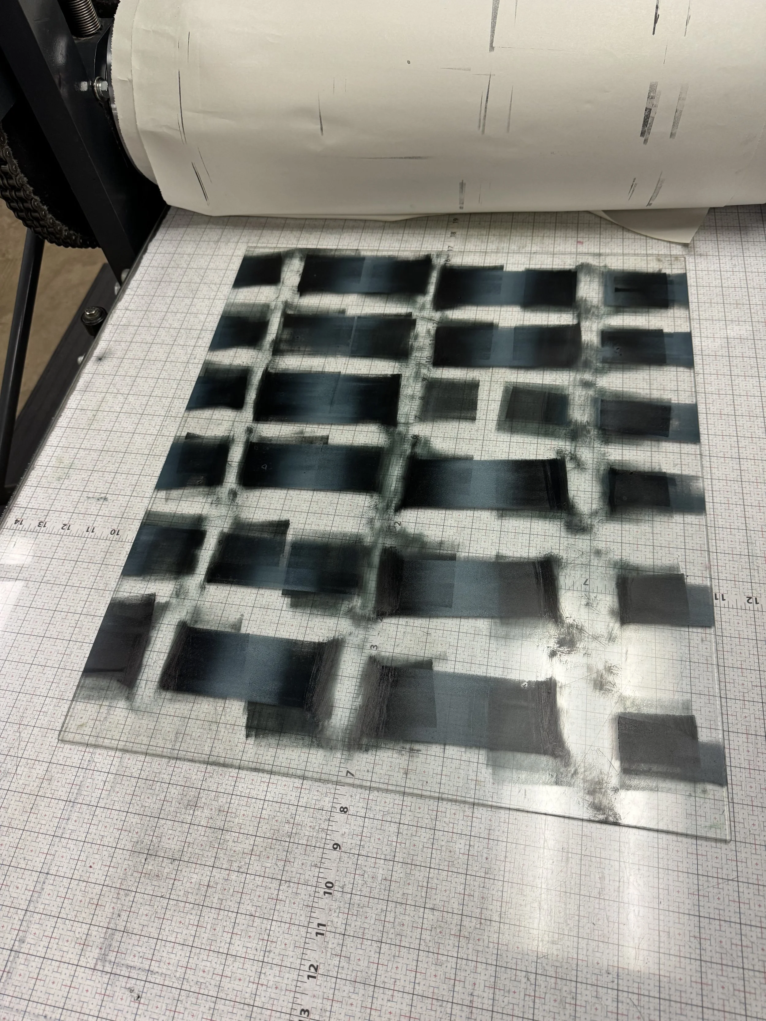 Process image: Ink on plexiglass. The Flicker project began as an animation frame printing process. 