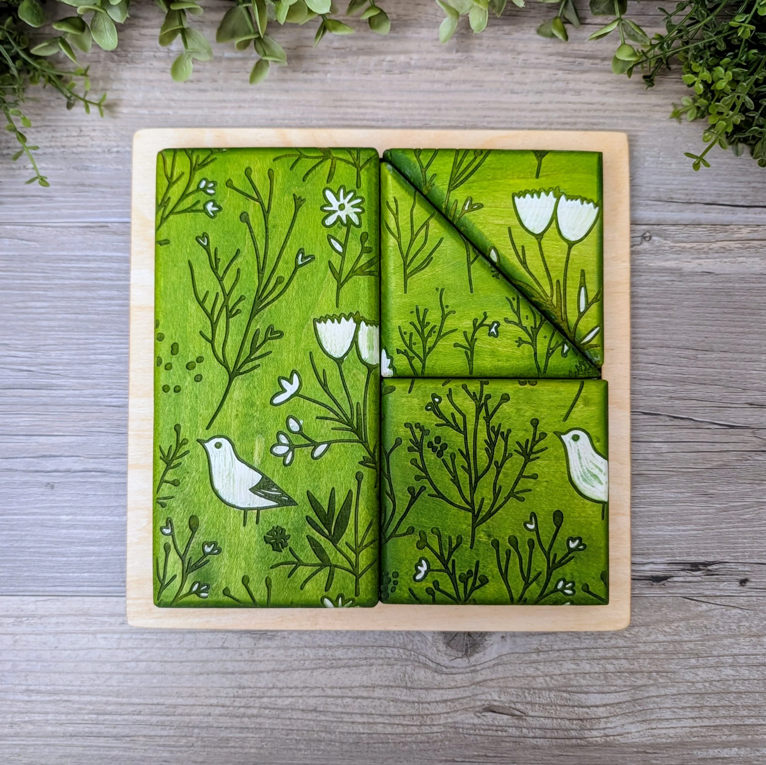 Spring Green Puzzle A made from green and white geometric wooden blocks
