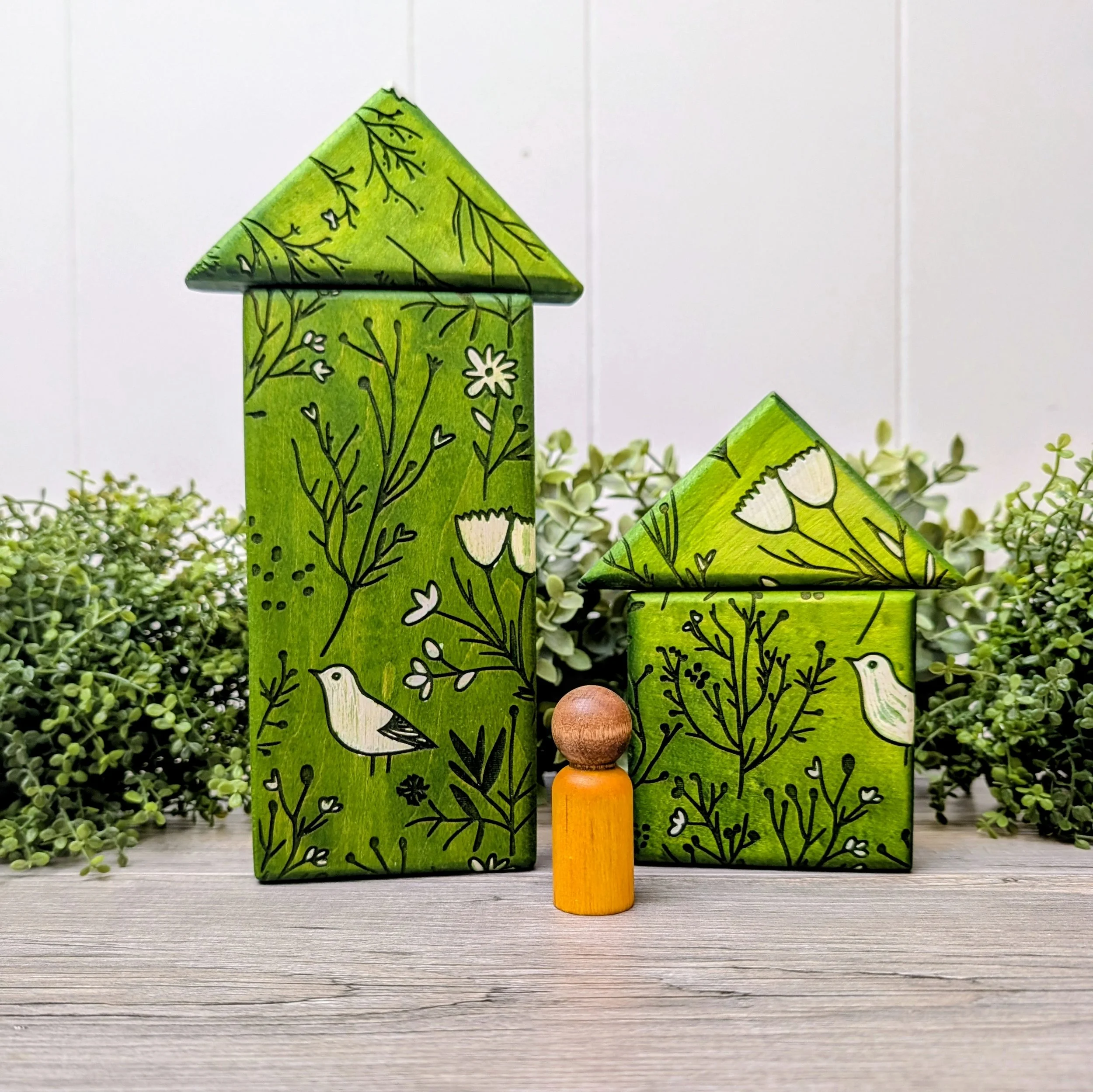 Handmade geometric wooden puzzle with larger patterned blocks